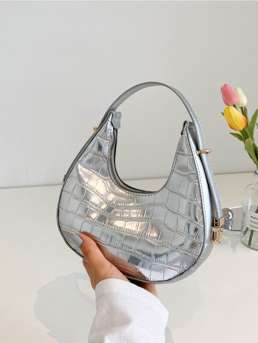Metallic Crocodile Embossed Hobo Bag