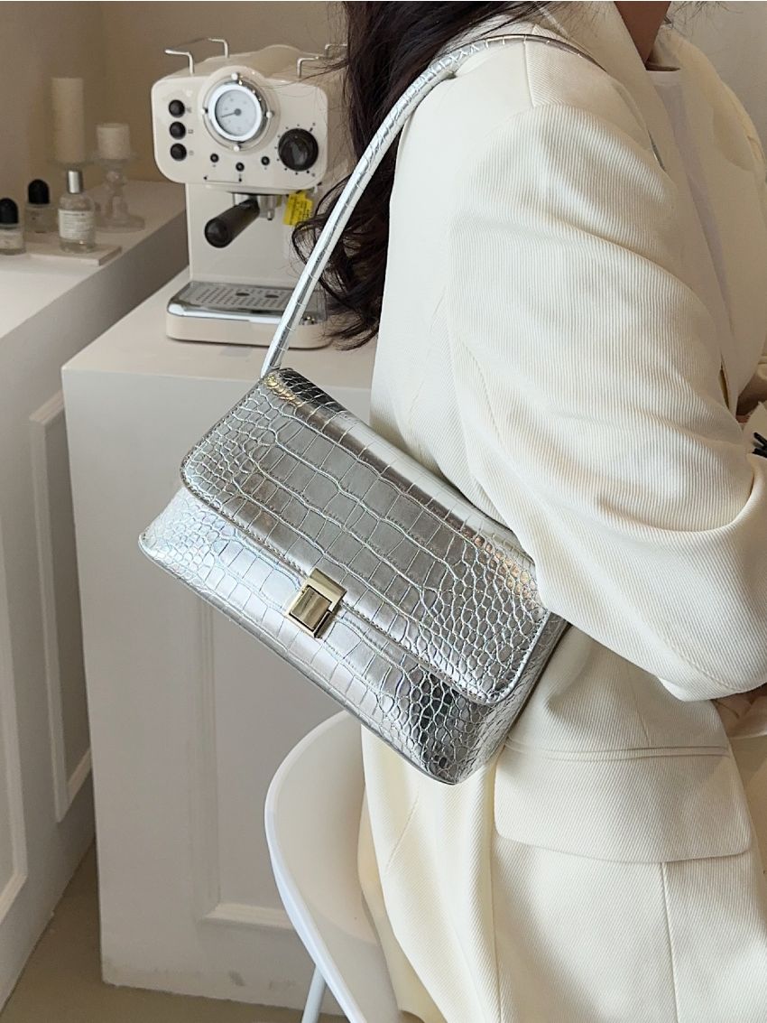 Metallic Crocodile Embossed Flap Square Bag