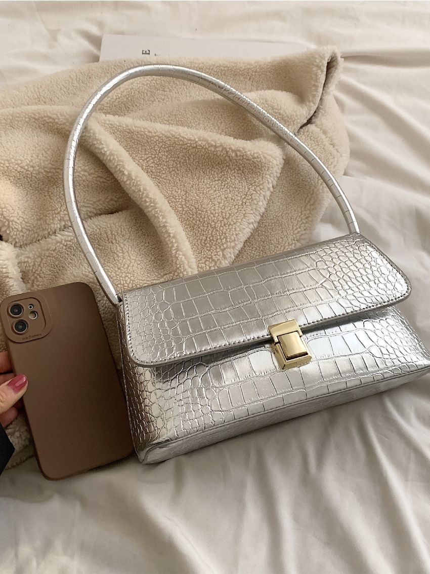 Metallic Crocodile Embossed Flap Square Bag