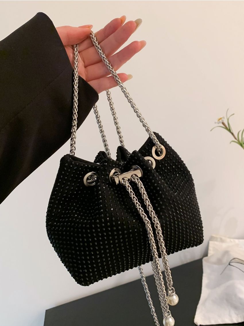 Faux Pearl & Rhinestone Decor Bucket Bag