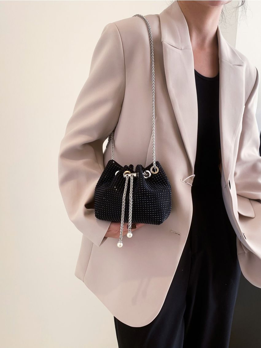 Faux Pearl & Rhinestone Decor Bucket Bag