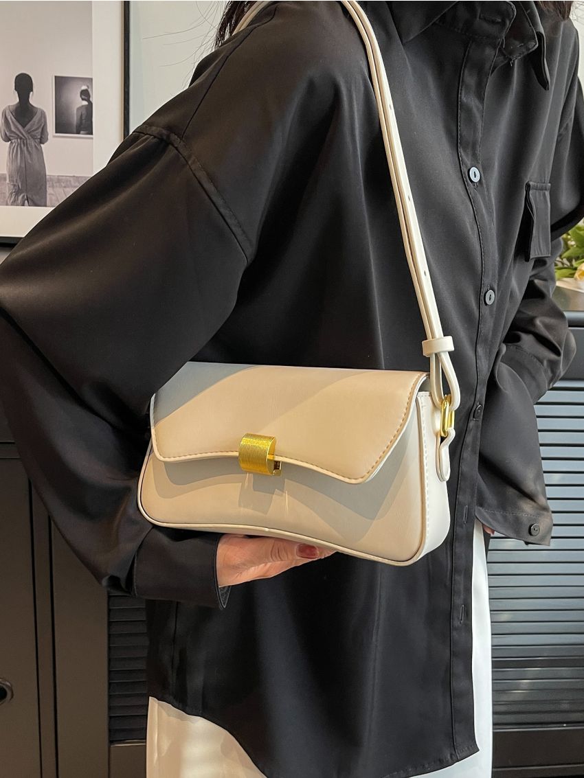 Metal Lock Flap Baguette Bag