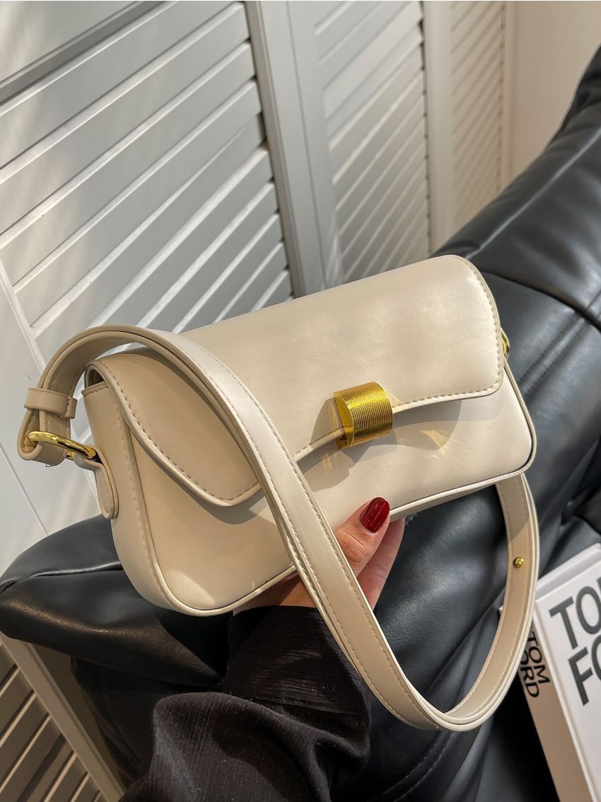 Metal Lock Flap Baguette Bag