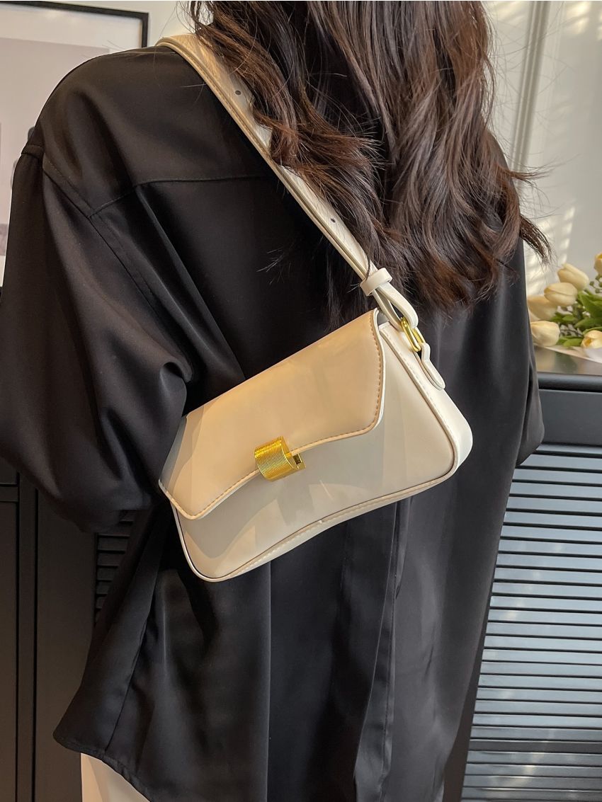 Metal Lock Flap Baguette Bag
