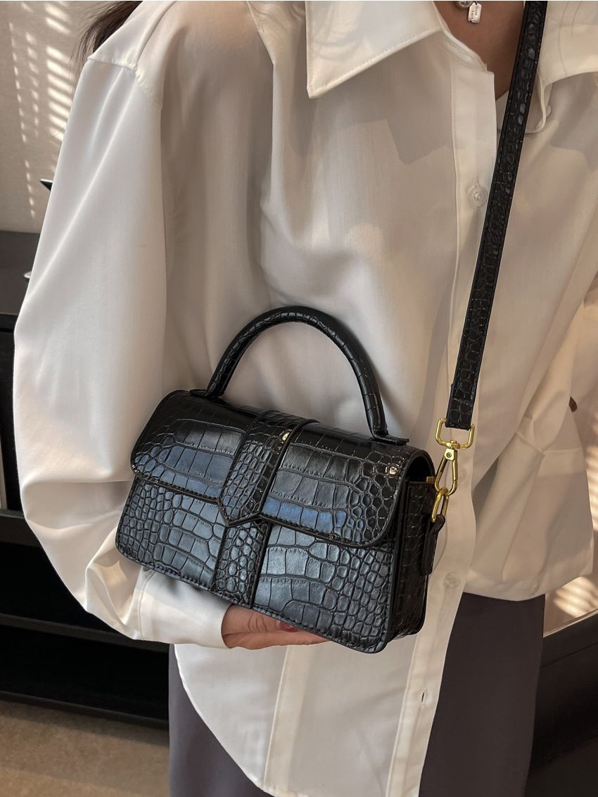 Crocodile Embossed Flap Square Bag