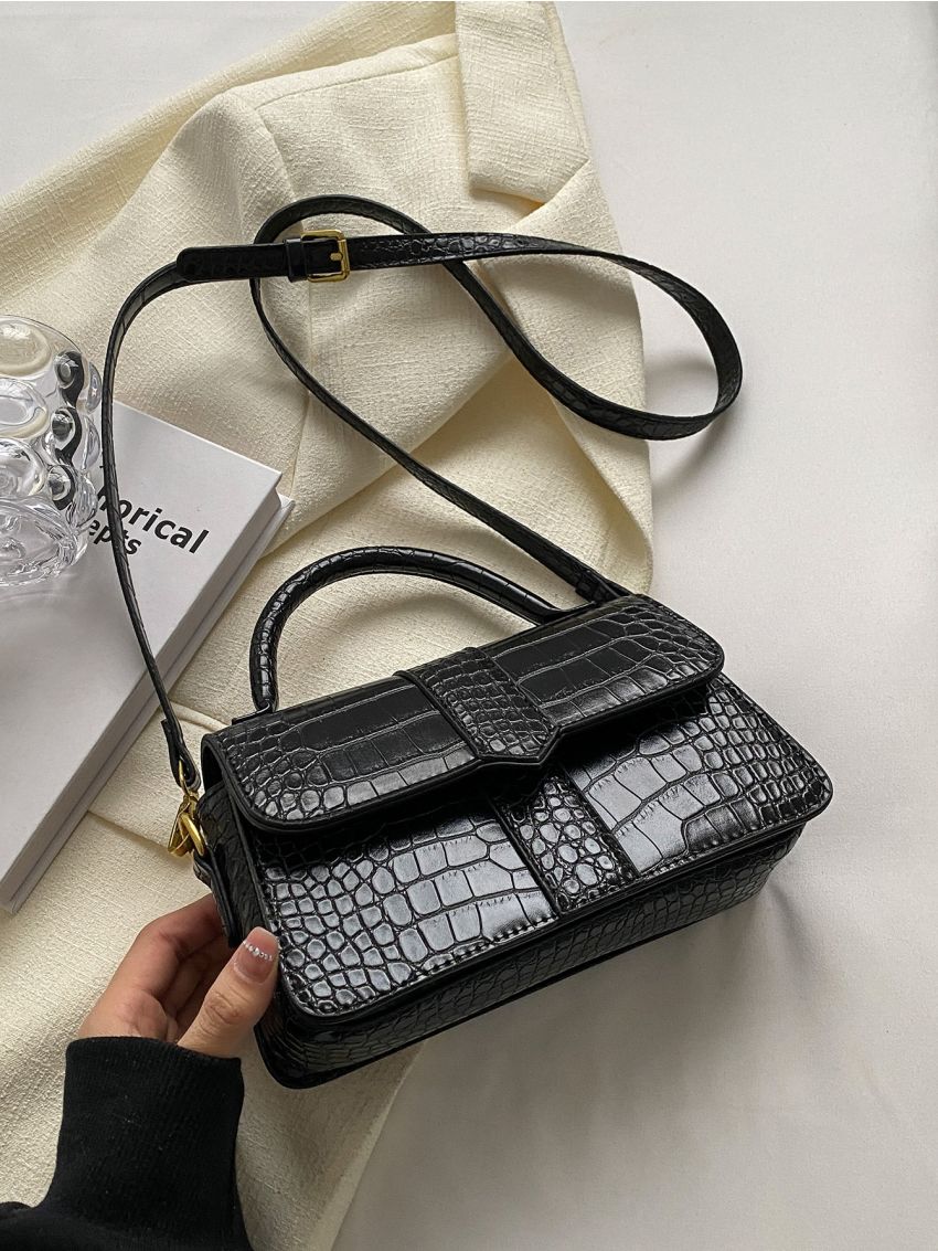 Crocodile Embossed Flap Square Bag