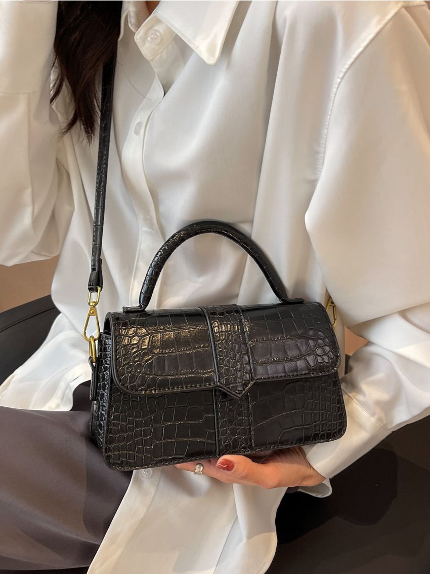 Crocodile Embossed Flap Square Bag