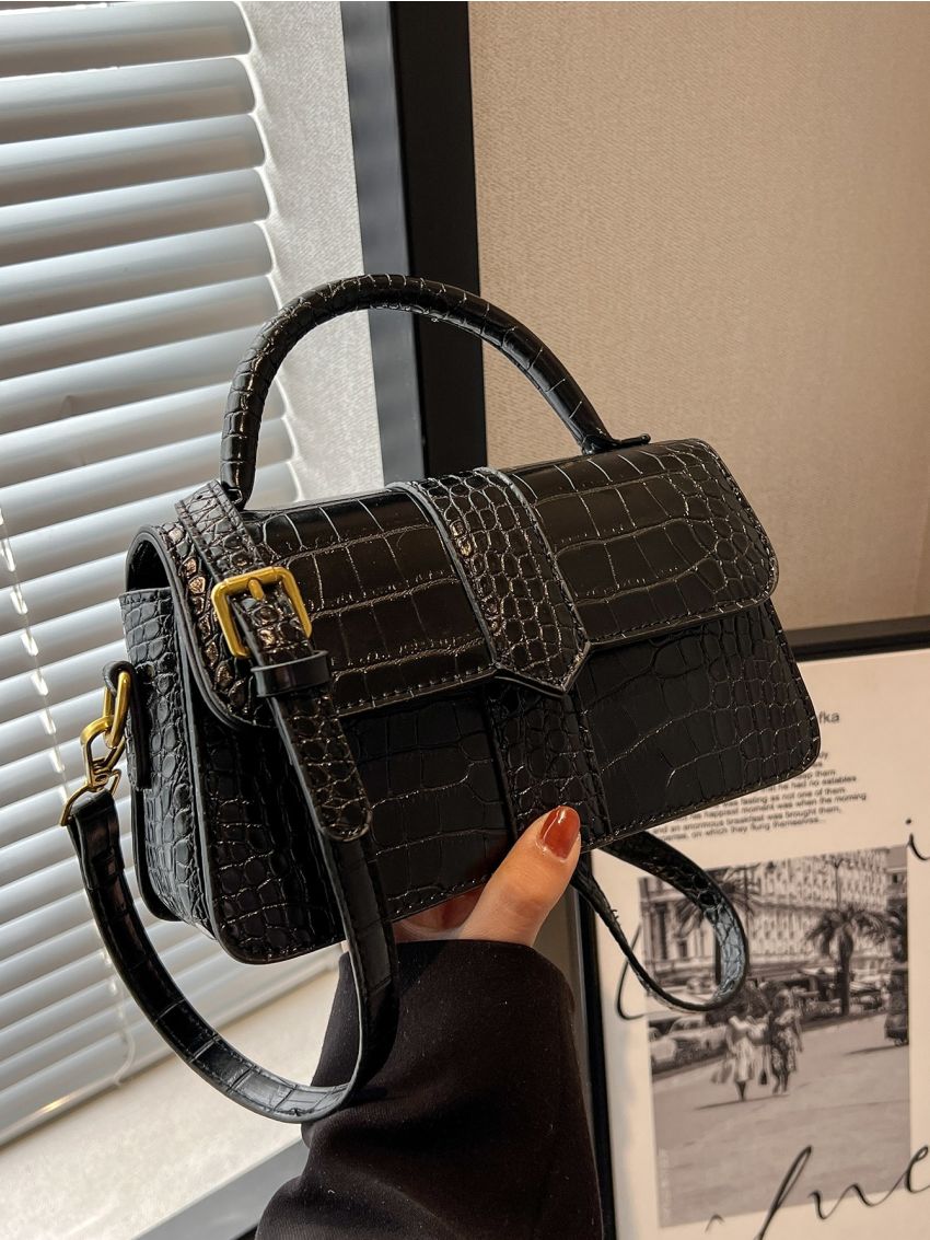 Crocodile Embossed Flap Square Bag