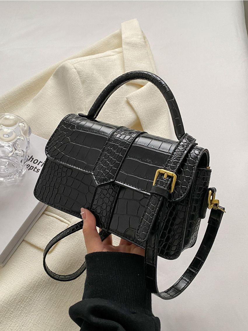 Crocodile Embossed Flap Square Bag