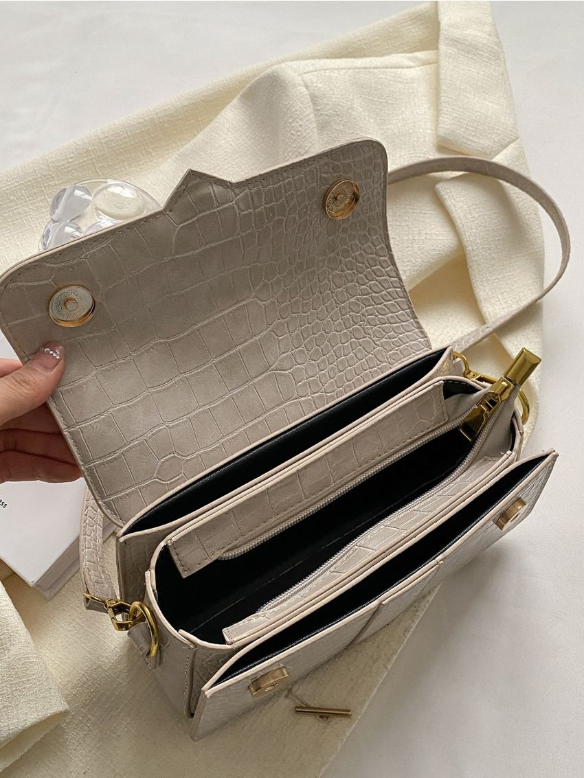 Crocodile Embossed Flap Square Bag