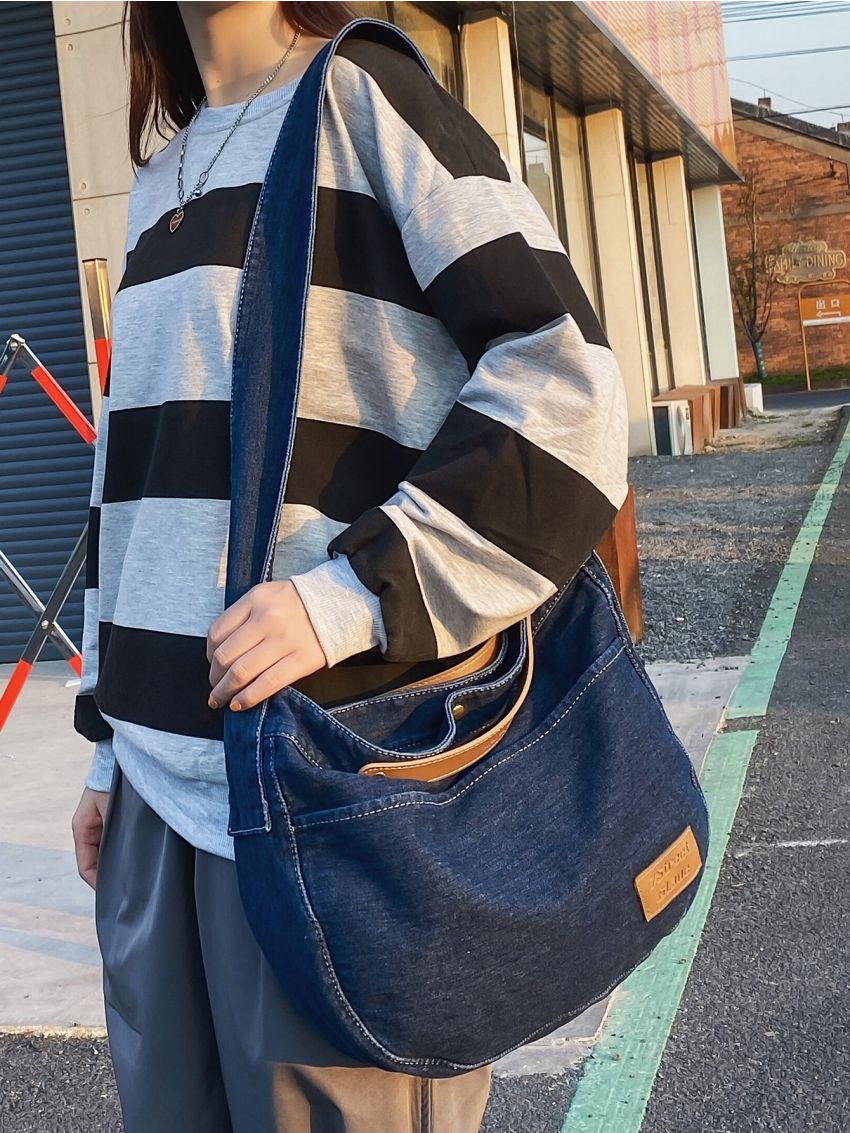 Letter Patch Decor Denim Hobo Bag