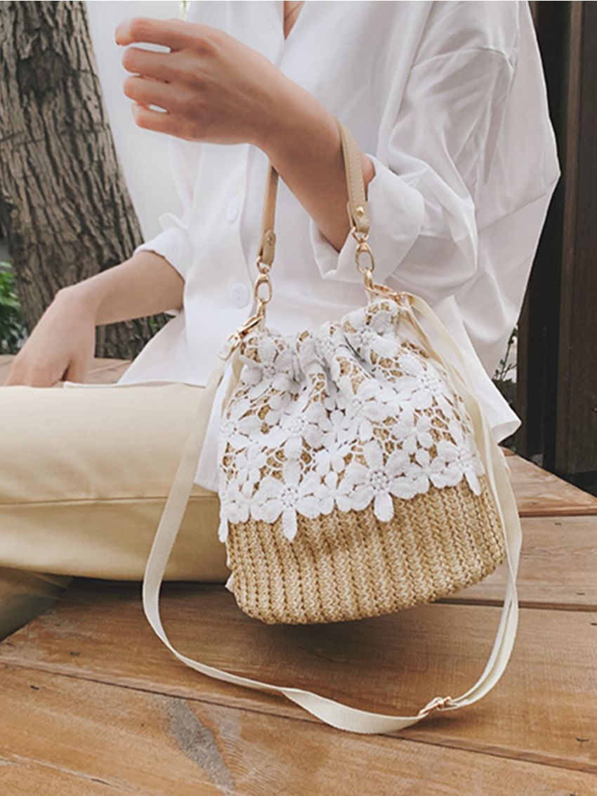 Lace Decor Straw Bag Mini Vacation