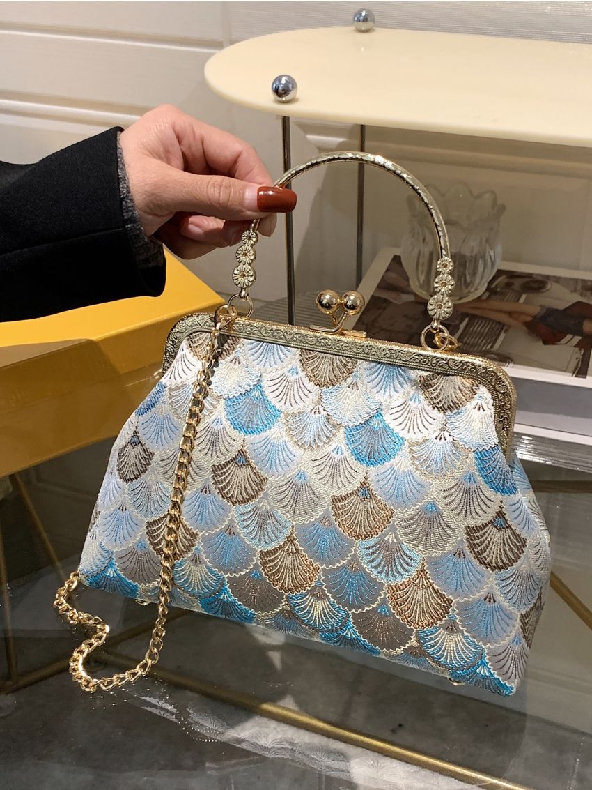 Geometric Pattern Kiss Lock Chain Satchel Bag, Mothers Day Gift For Mom