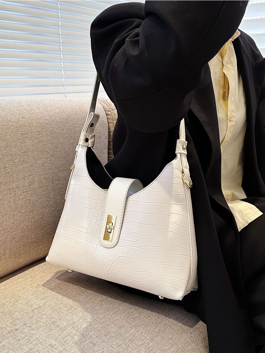 Crocodile Embossed Twist Lock Hobo Bag