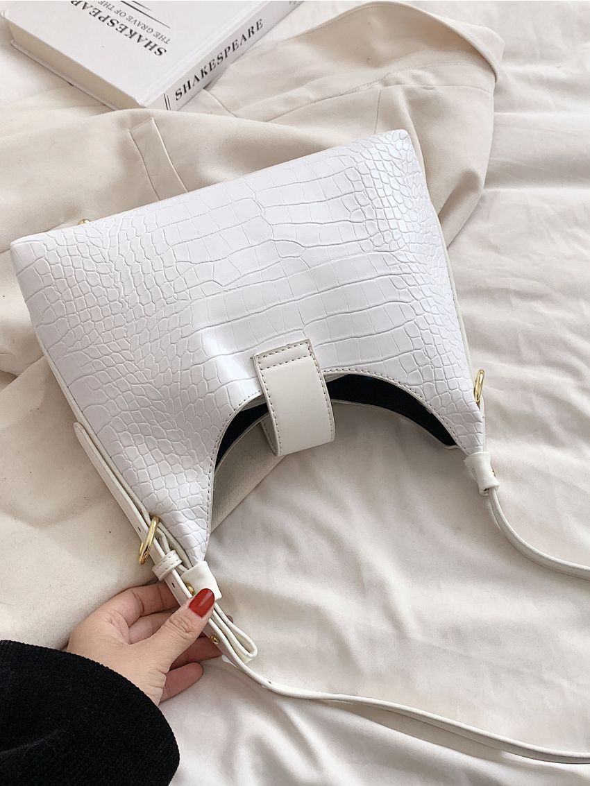 Crocodile Embossed Twist Lock Hobo Bag