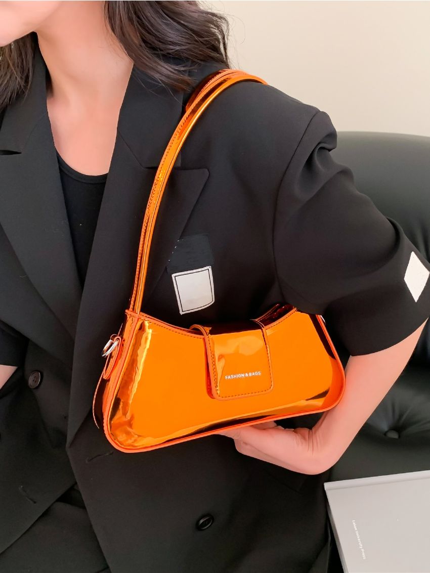 Neon Orange Letter Graphic Baguette Bag