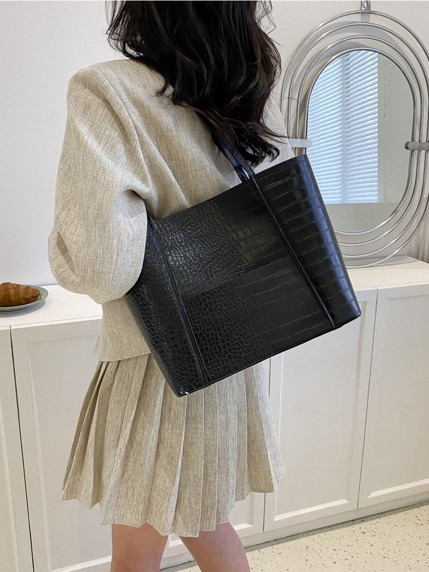 Crocodile Embossed Shoulder Tote Bag