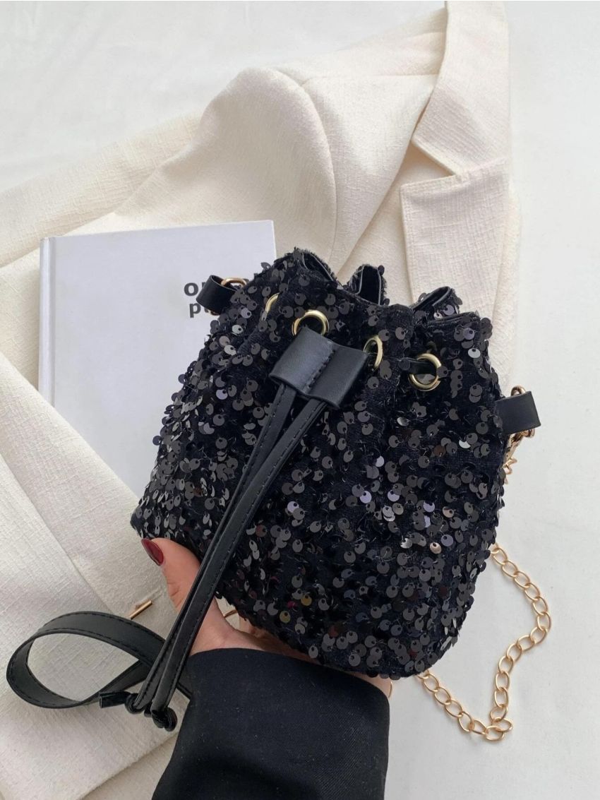 Mini Sequin Decor Drawstring Bucket Bag