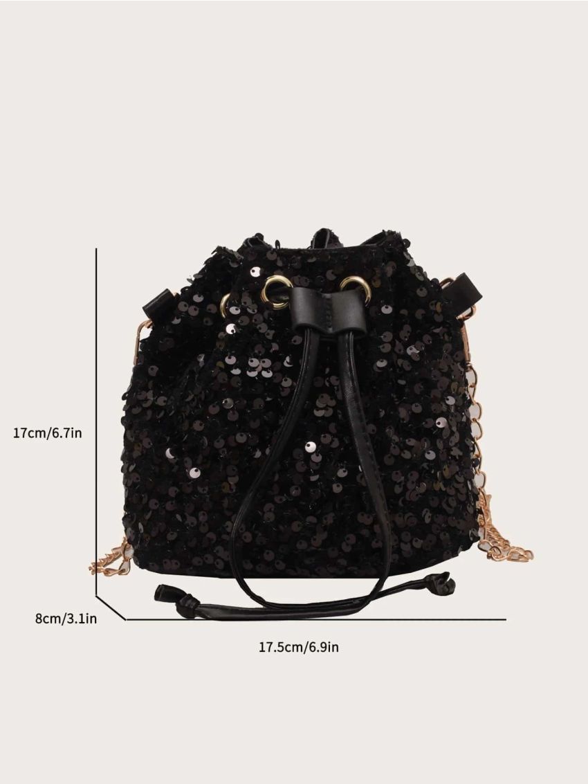 Mini Sequin Decor Drawstring Bucket Bag
