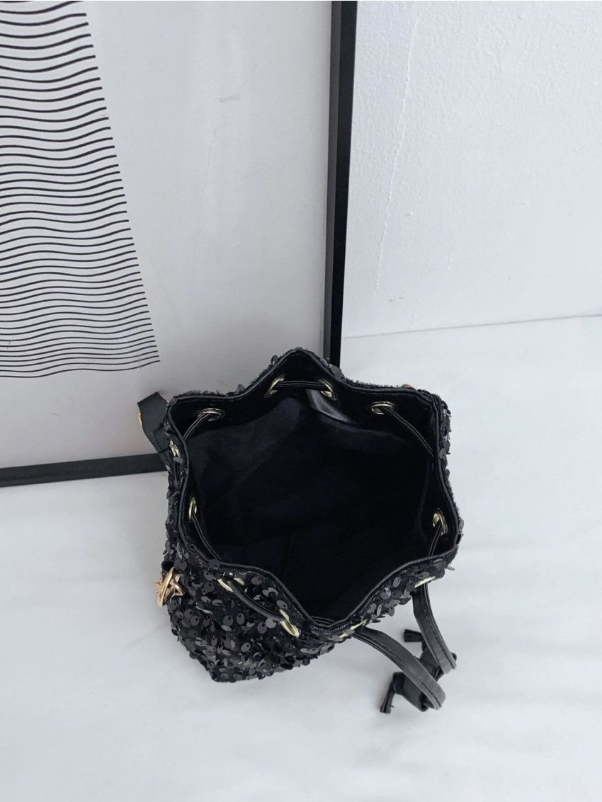 Mini Sequin Decor Drawstring Bucket Bag