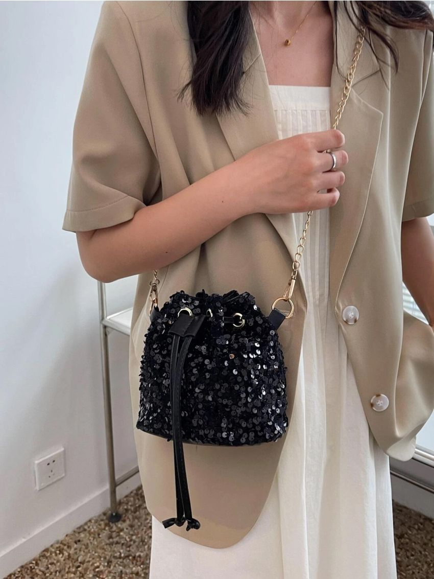 Mini Sequin Decor Drawstring Bucket Bag