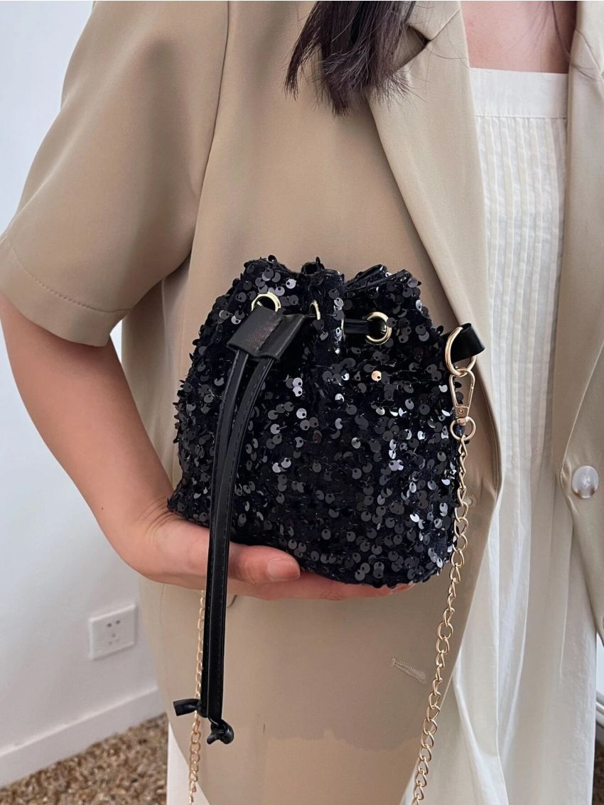 Mini Sequin Decor Drawstring Bucket Bag