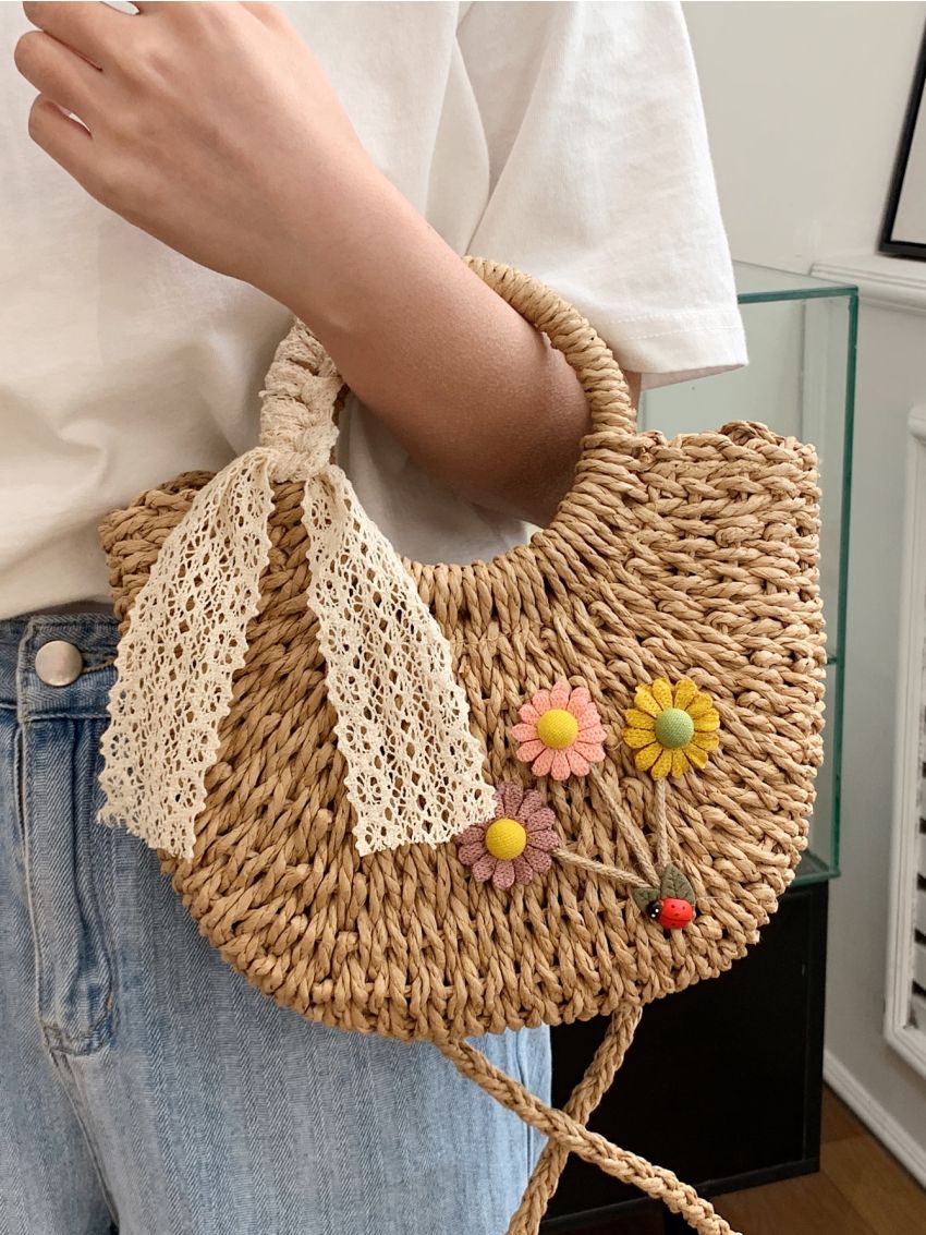 Flower Decor Straw Bag