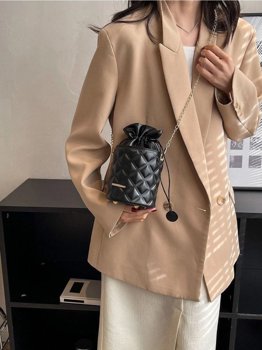 Mini Quilted Drawstring Design Chain Bucket Bag