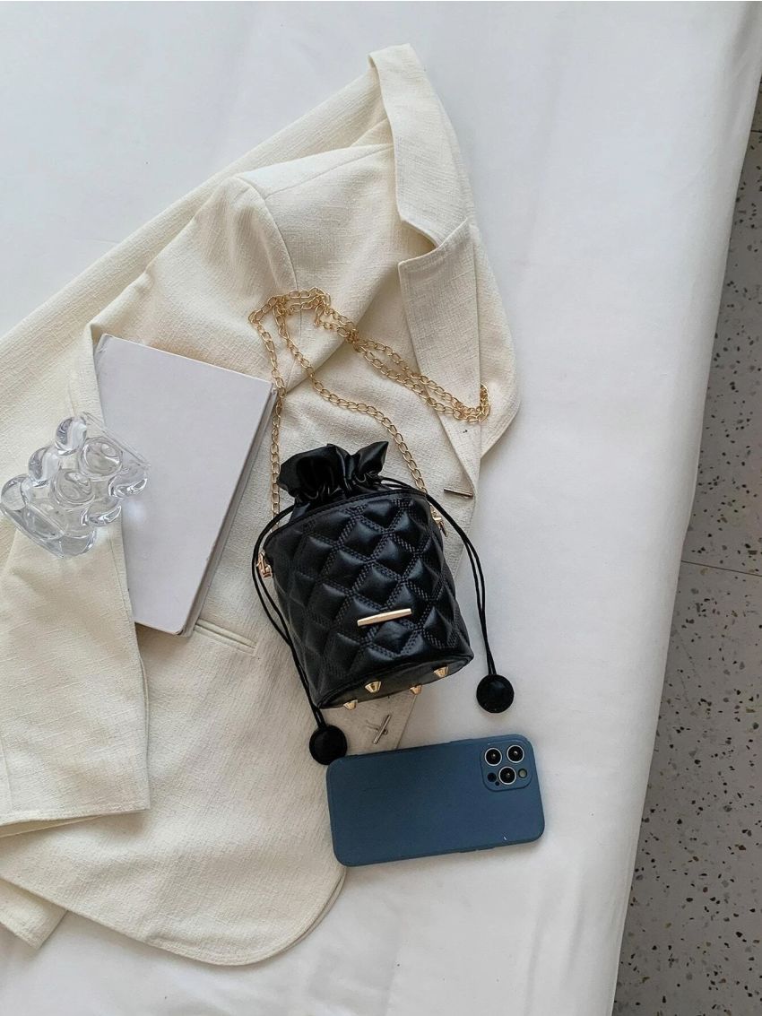 Mini Quilted Drawstring Design Chain Bucket Bag
