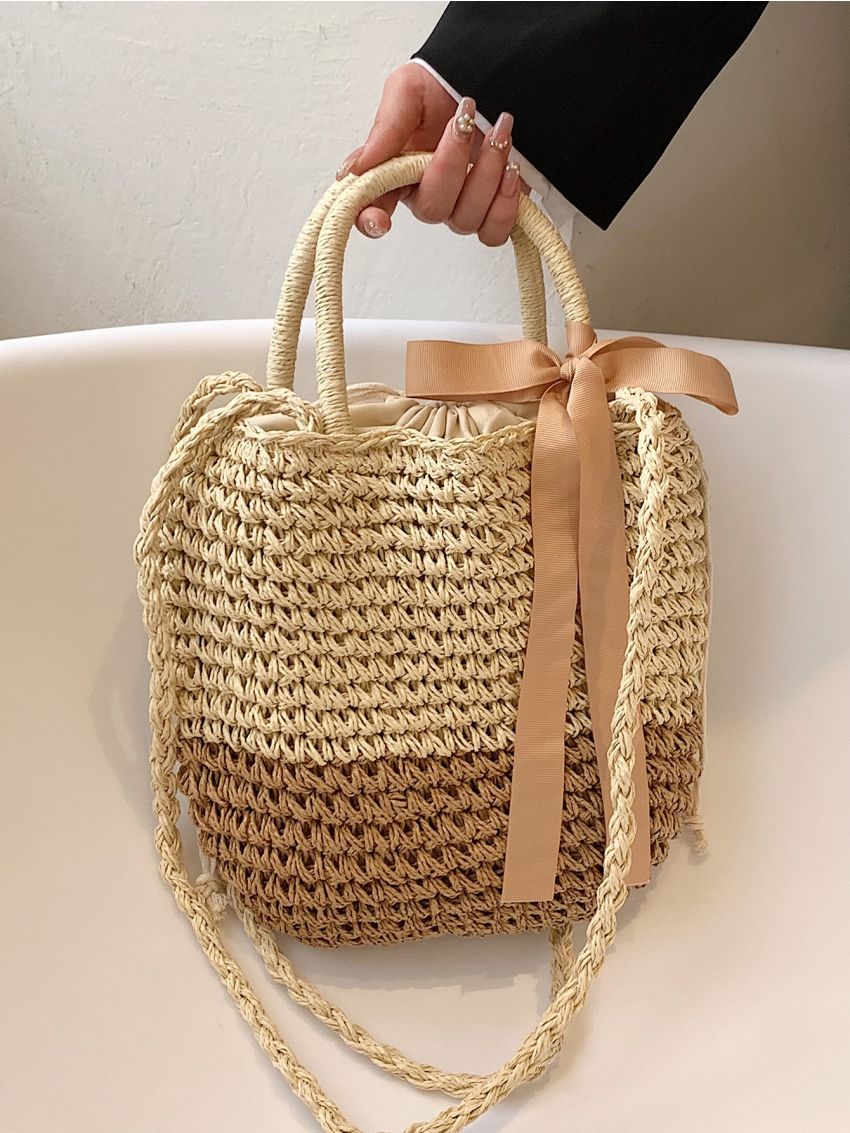 Minimalist Drawstring Design Straw Bag
