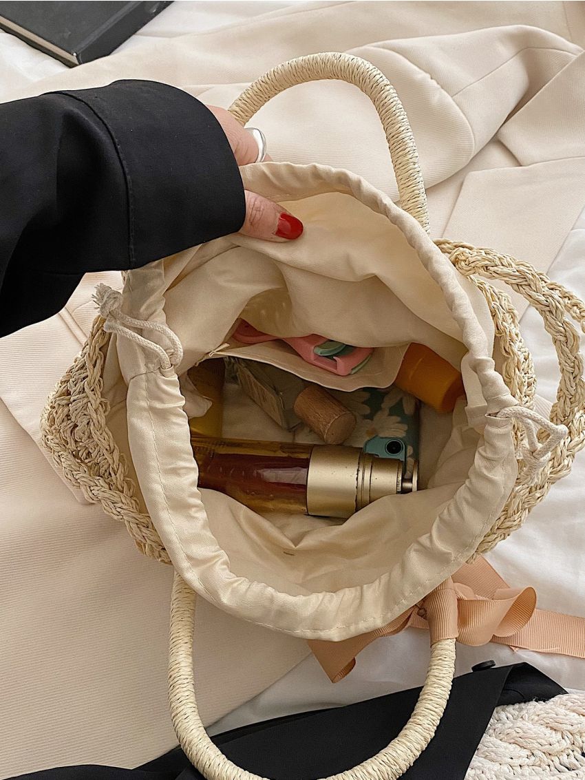 Minimalist Drawstring Design Straw Bag