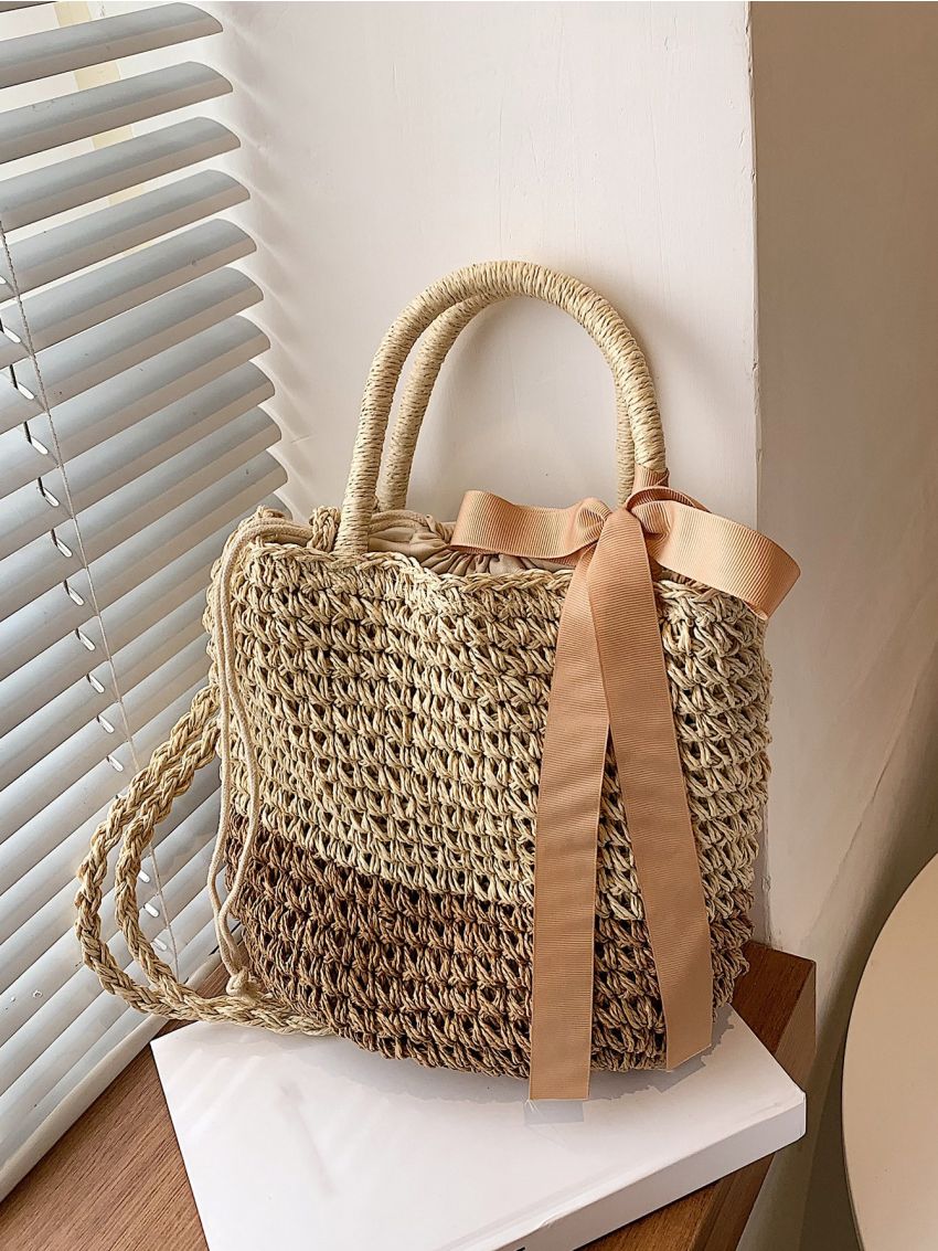 Minimalist Drawstring Design Straw Bag