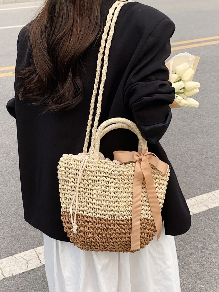 Minimalist Drawstring Design Straw Bag