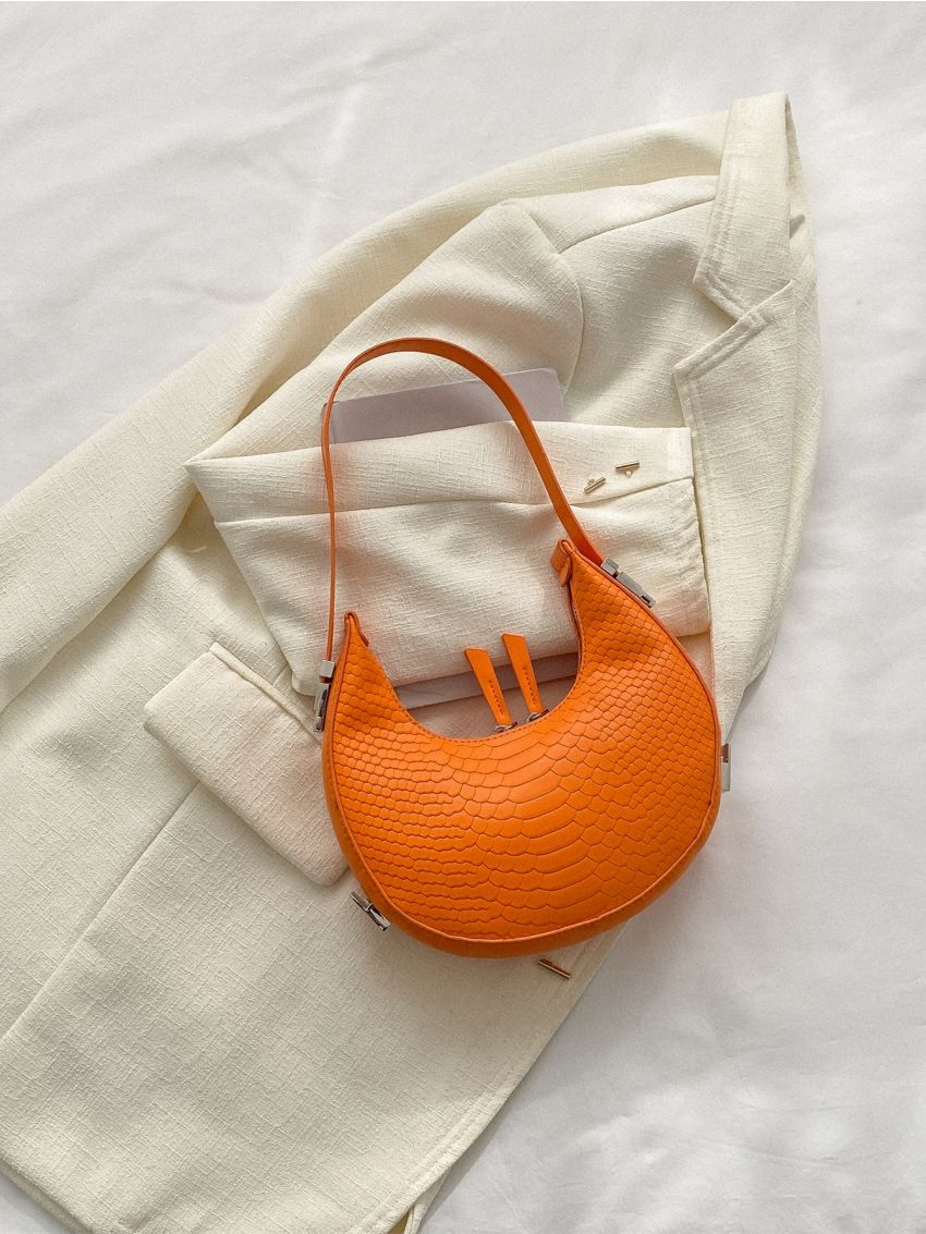Mini Neon Orange Snakeskin Embossed Hobo Bag
