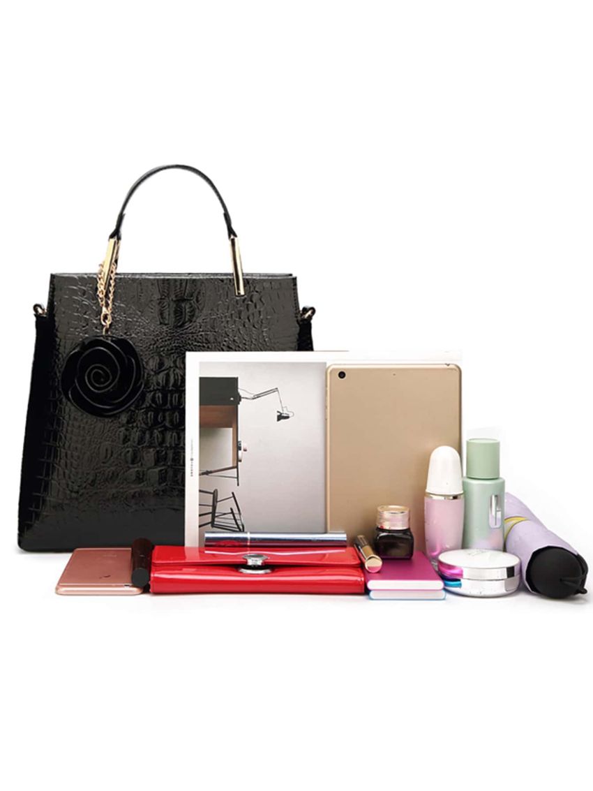 Textured Zipper Tote Bag, Women's Fashion Large Handbag With Adjustable Strap Crocodile Embossed Top Handle Bag With Flower Bag Charm