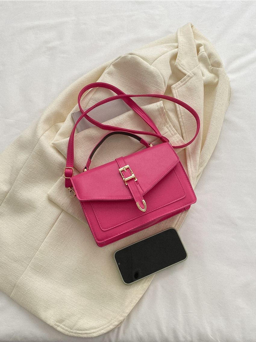 Minimalist Square Bag Buckle Decor Neon Pink Flap Small For Daily Work