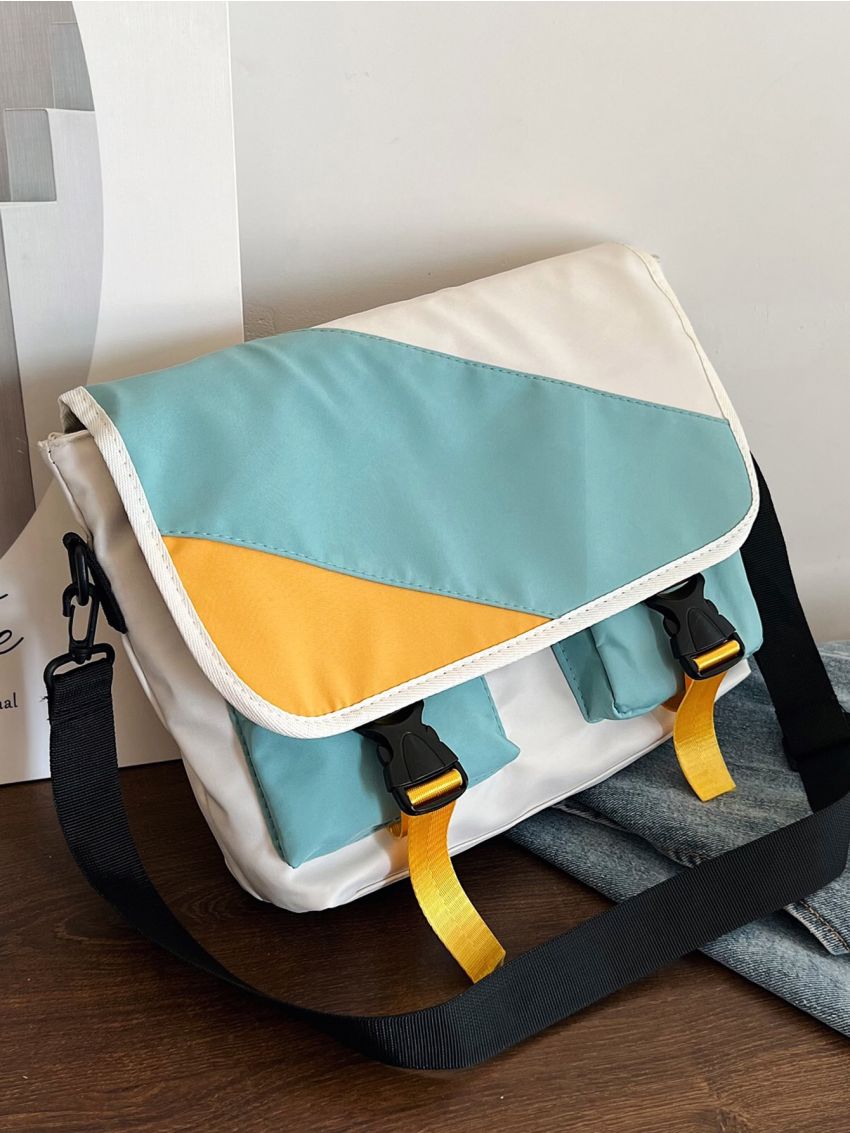 Color Block Release Buckle Decor Flap Messenger Bag