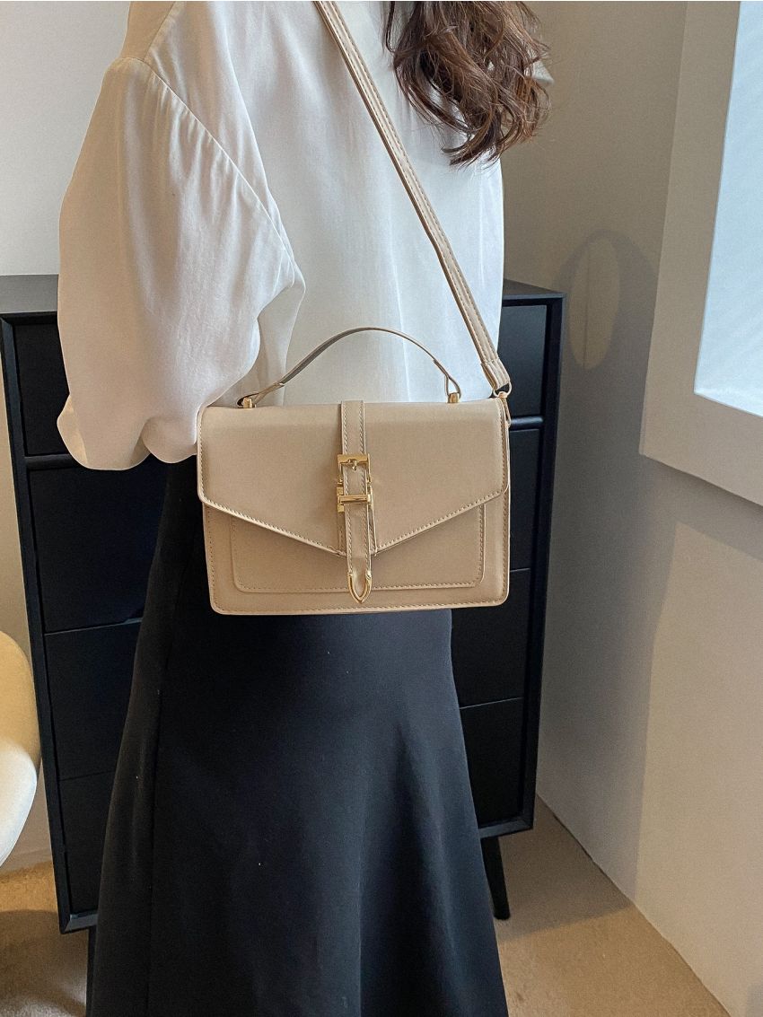 Buckle Decor Square Bag Top Handle Flap Minimalist