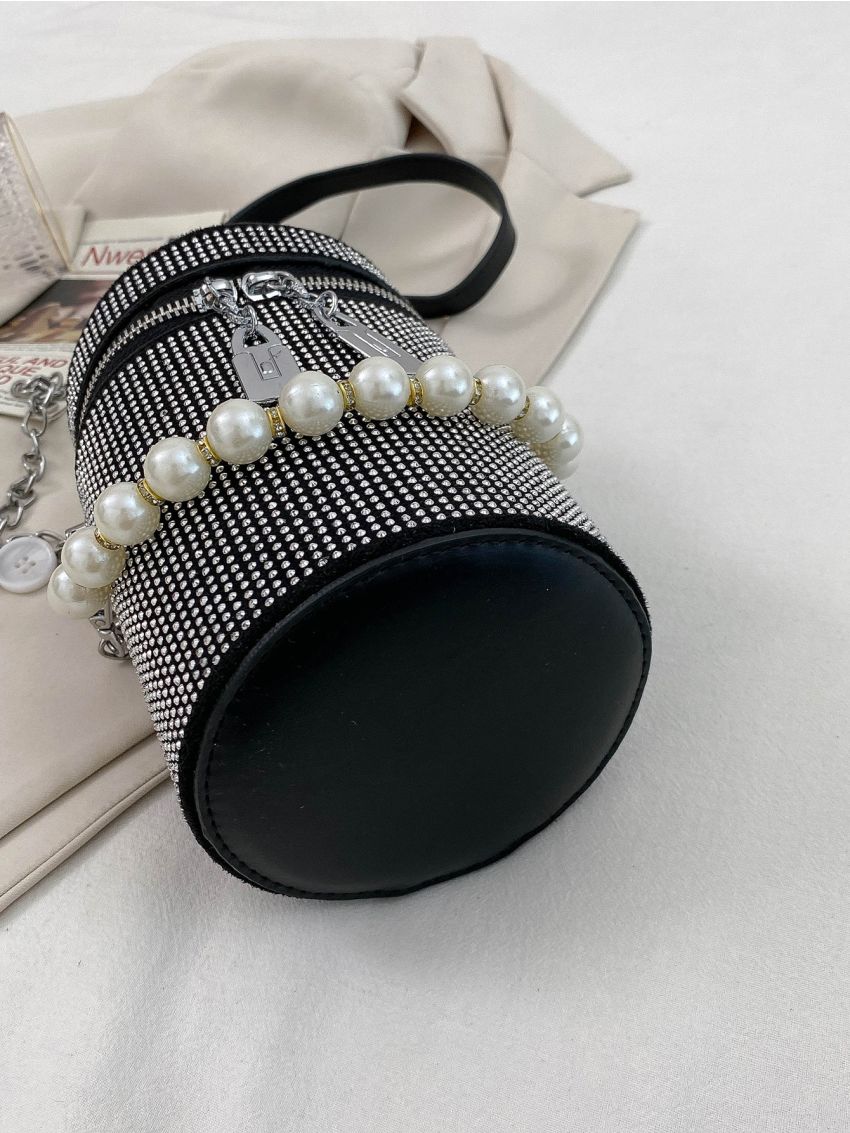 Mini Studded & Faux Pearl Decor Bucket Bag, Clear Bag