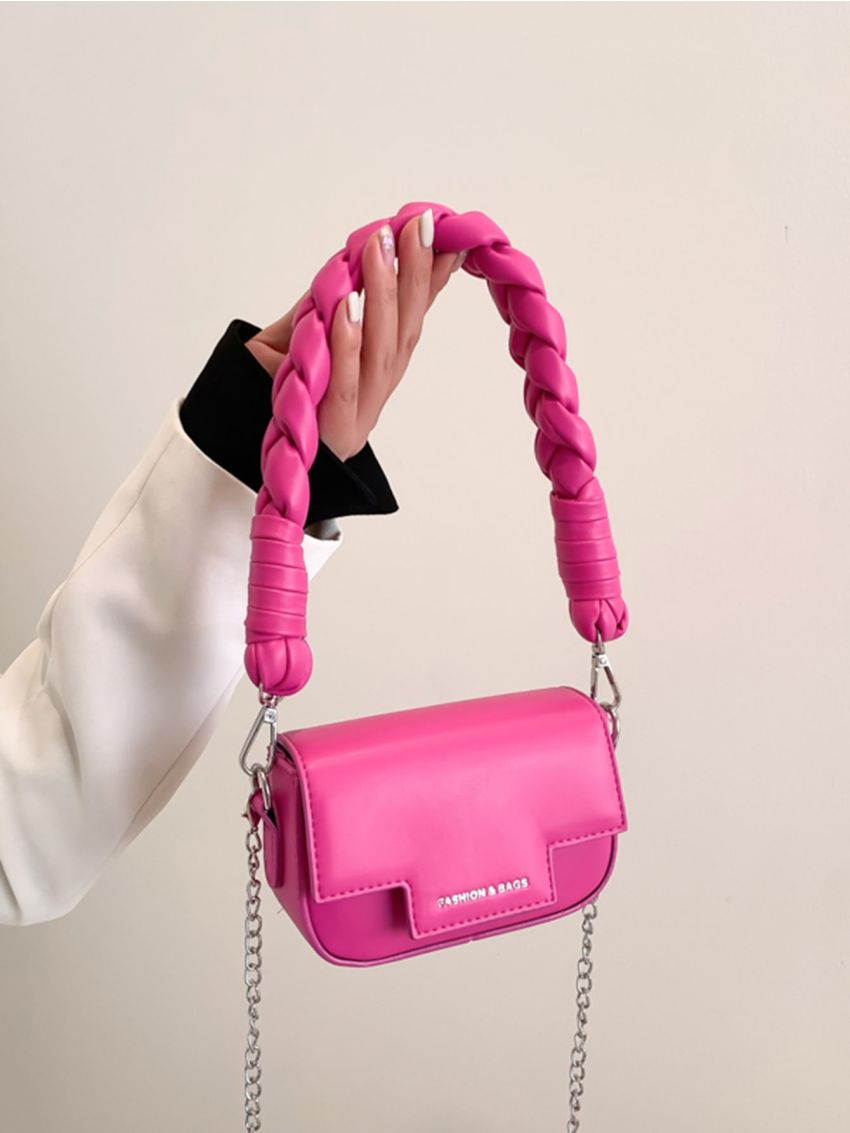 Mini Neon Pink Letter Graphic Flap Chain Square Bag