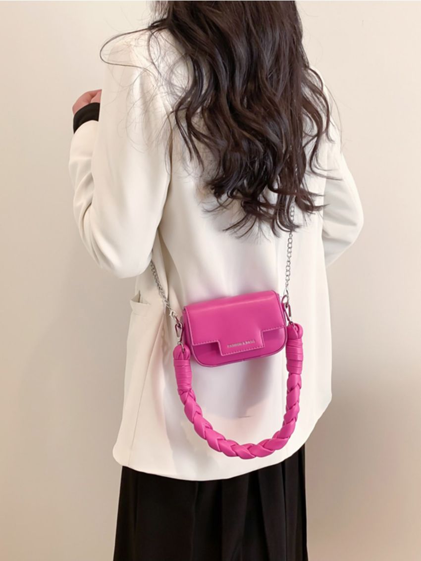 Mini Neon Pink Letter Graphic Flap Chain Square Bag