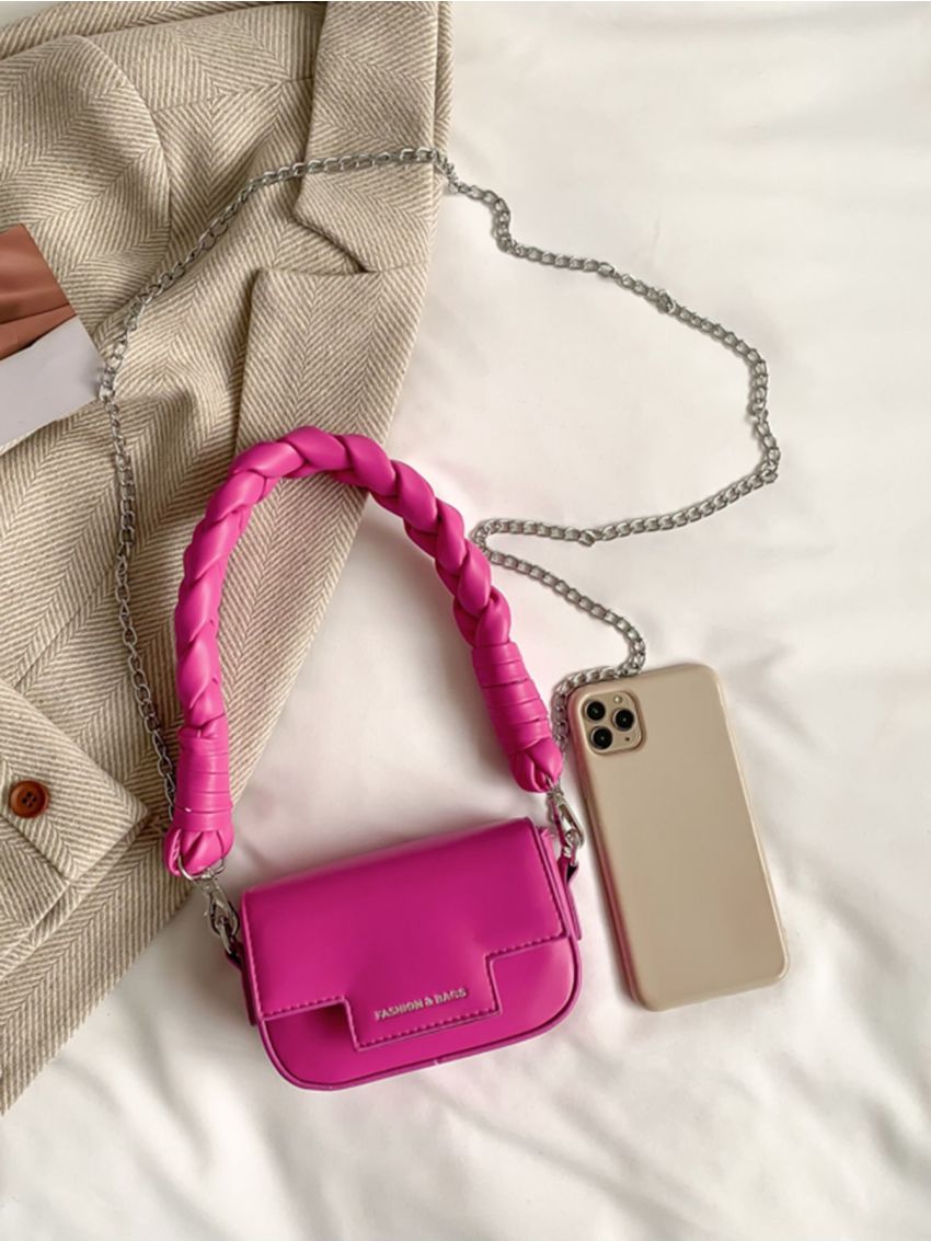 Mini Neon Pink Letter Graphic Flap Chain Square Bag