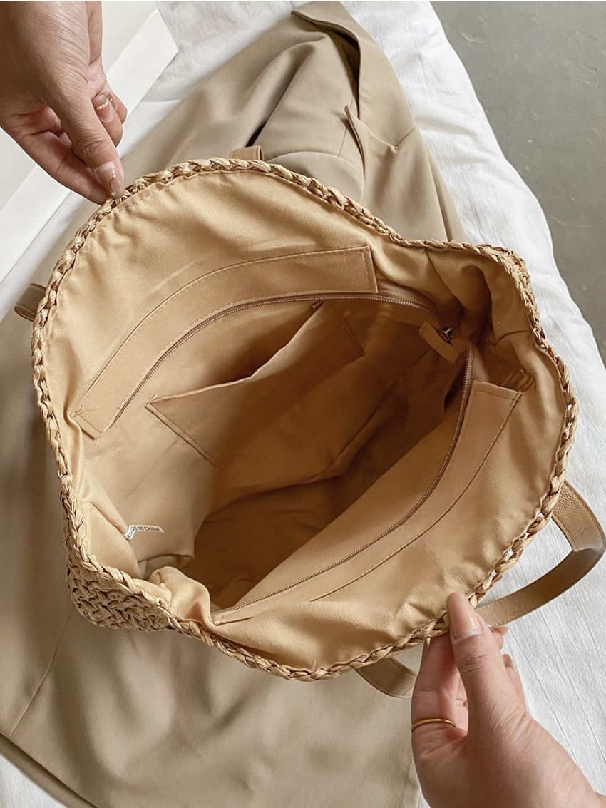 Simple Large Capacity Tote Straw Bag, All-Match Travel Storage Bag, Trendy Beach Bag Minimalist Straw Bag