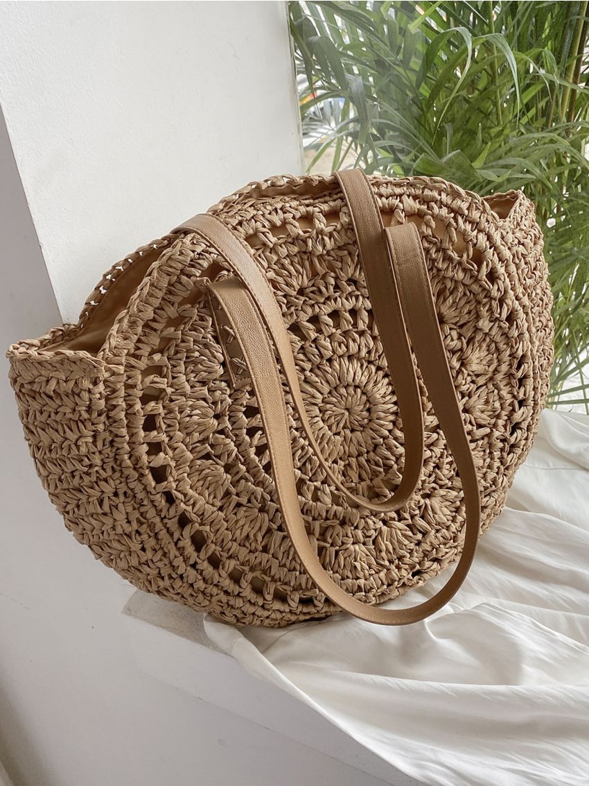 Simple Large Capacity Tote Straw Bag, All-Match Travel Storage Bag, Trendy Beach Bag Minimalist Straw Bag