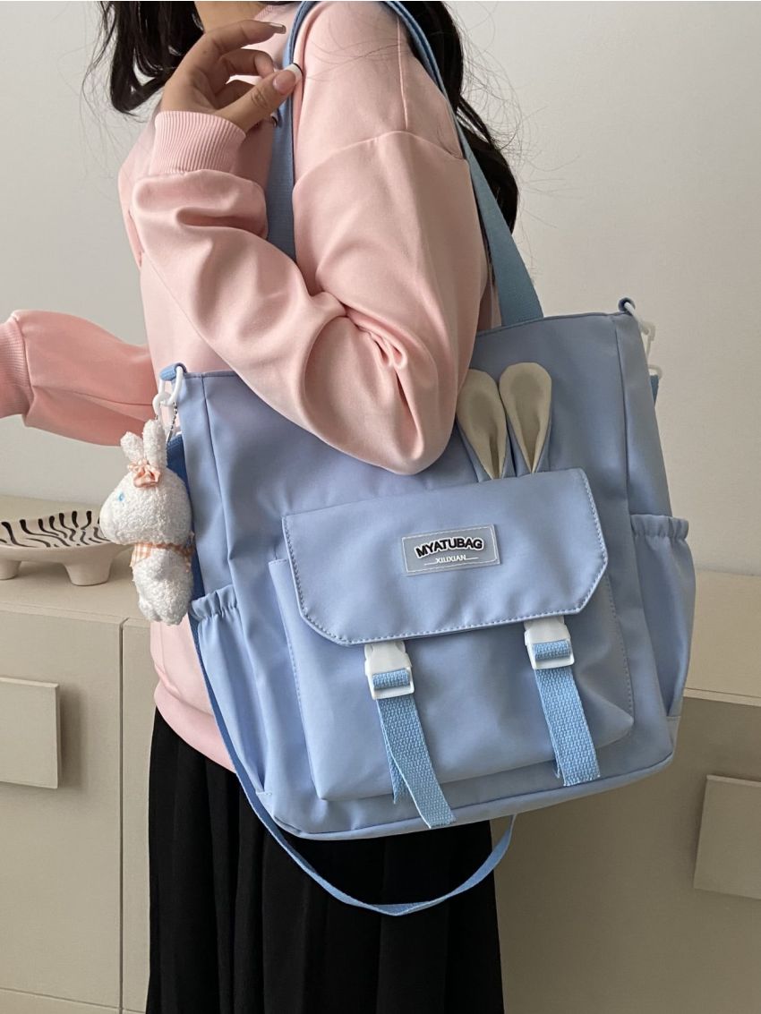 Letter Patch & Cartoon Ear Decor Shopper Bag With Bag Charm