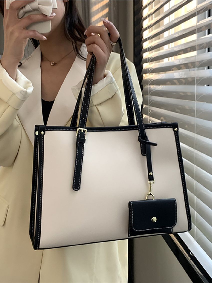 Contrast Binding Shoulder Tote Bag With Coin Purse
