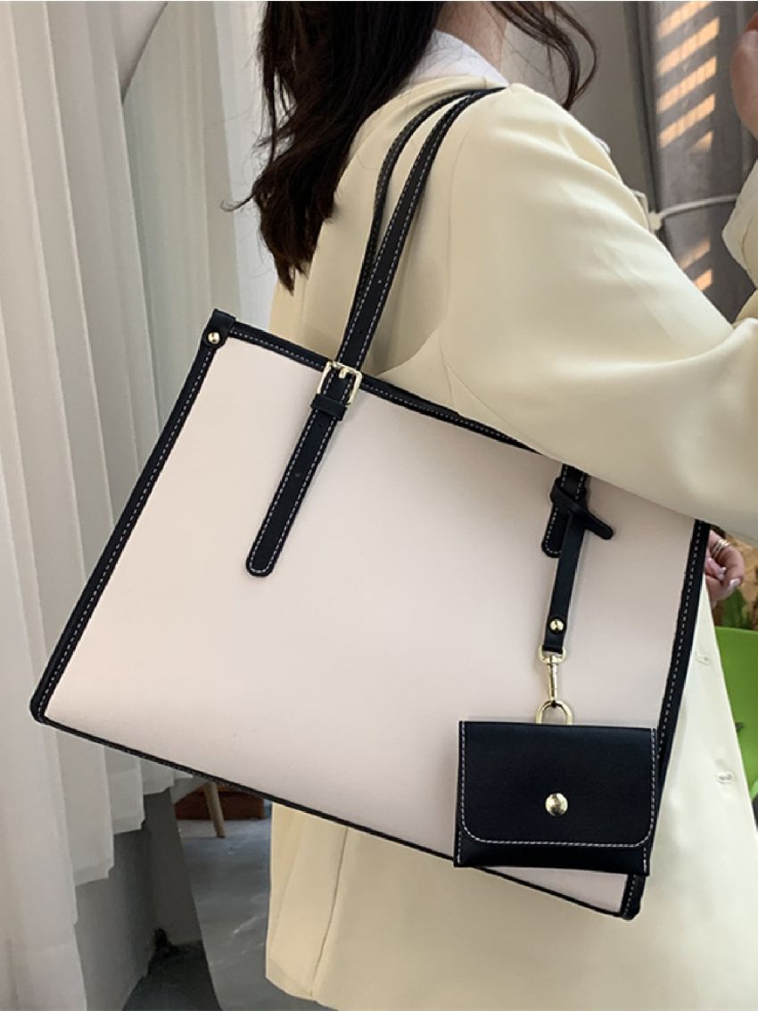 Contrast Binding Shoulder Tote Bag With Coin Purse