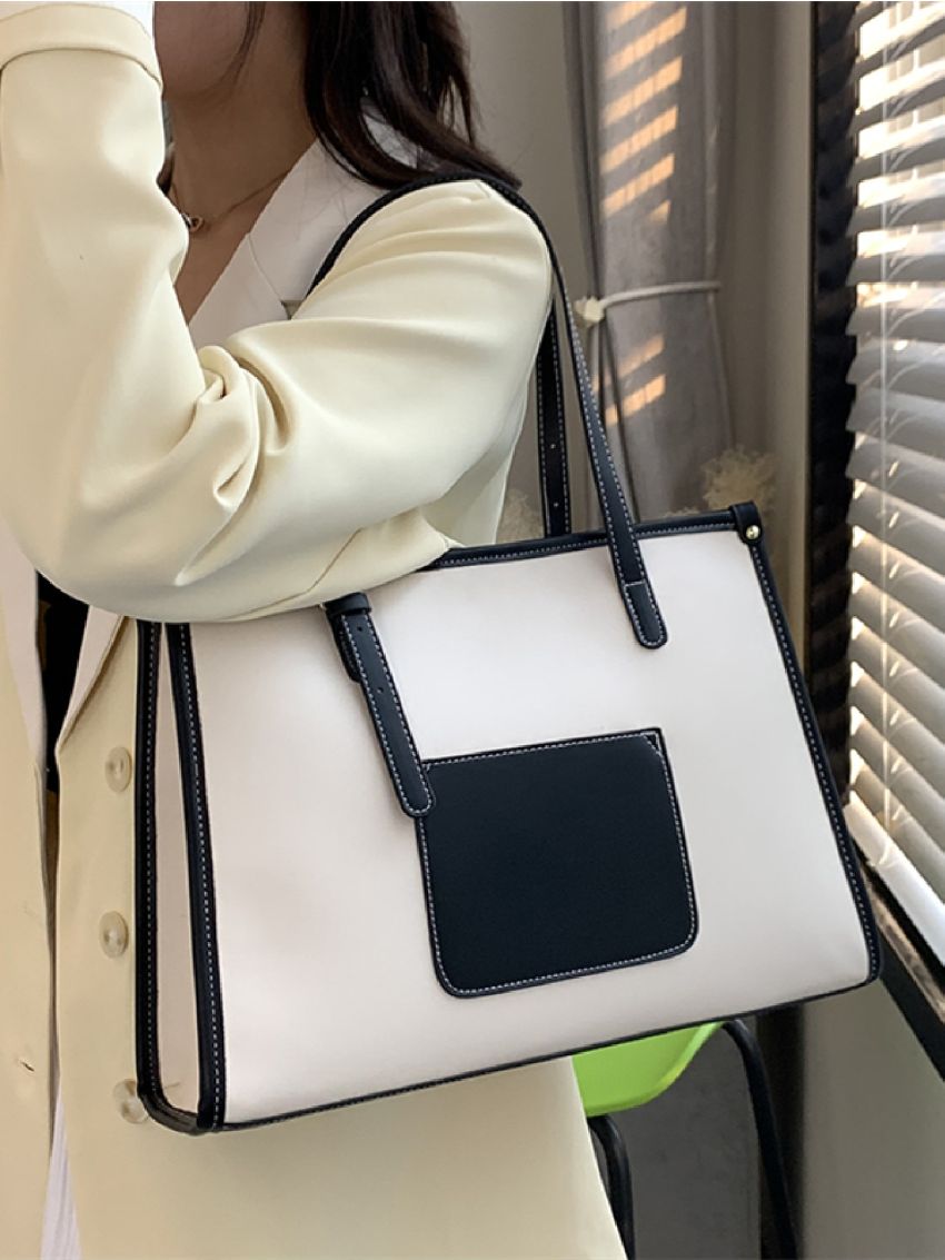 Contrast Binding Shoulder Tote Bag With Coin Purse