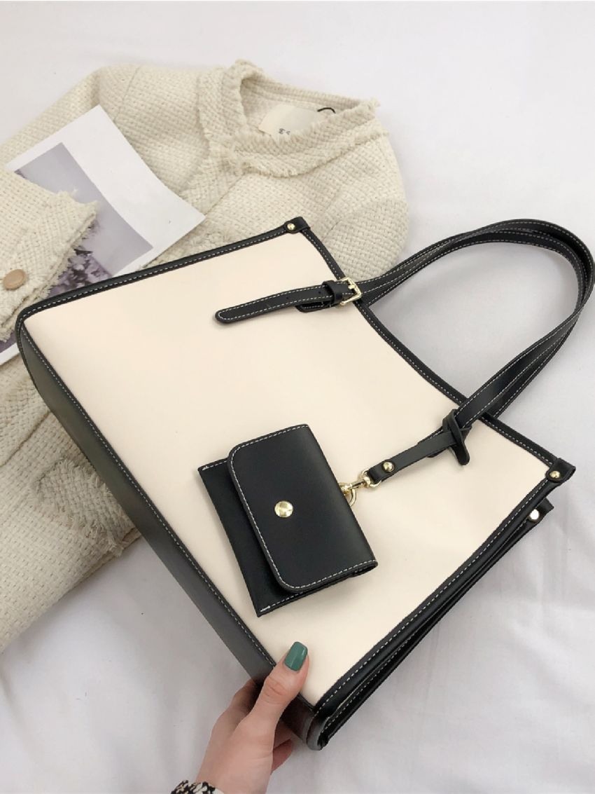 Contrast Binding Shoulder Tote Bag With Coin Purse