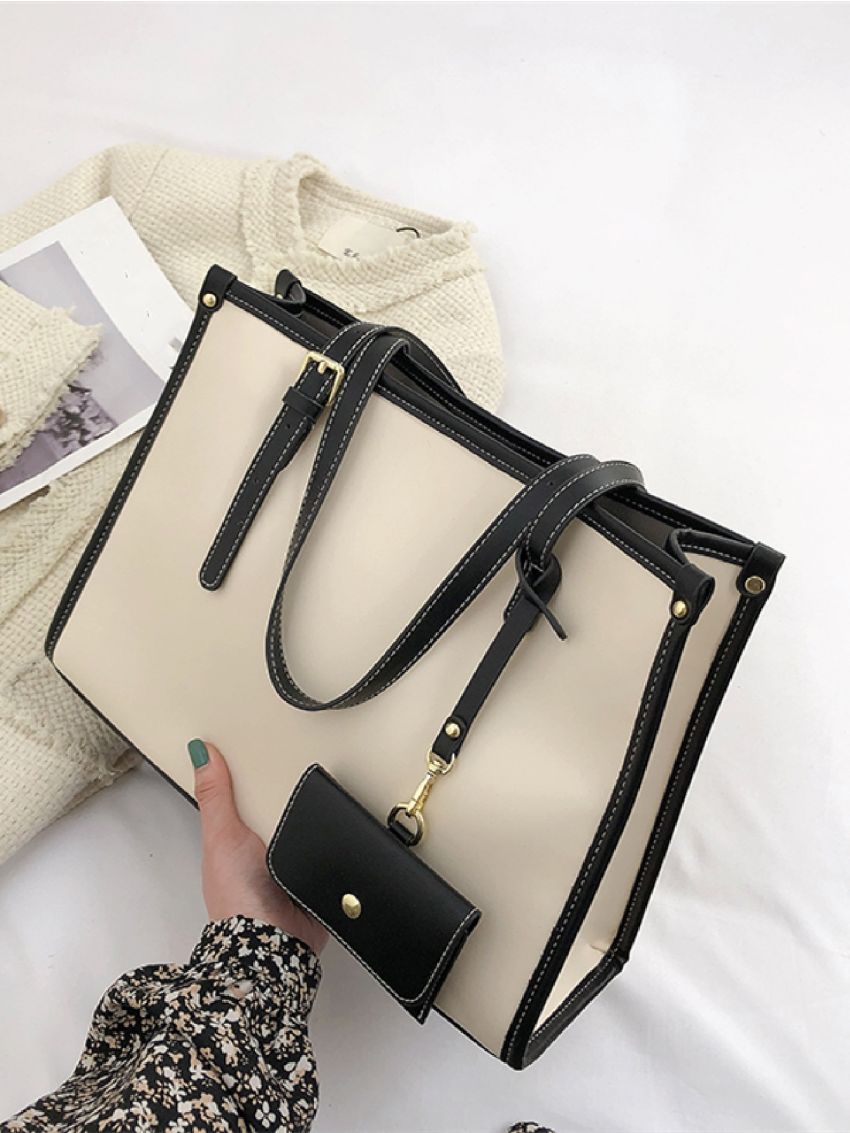 Contrast Binding Shoulder Tote Bag With Coin Purse